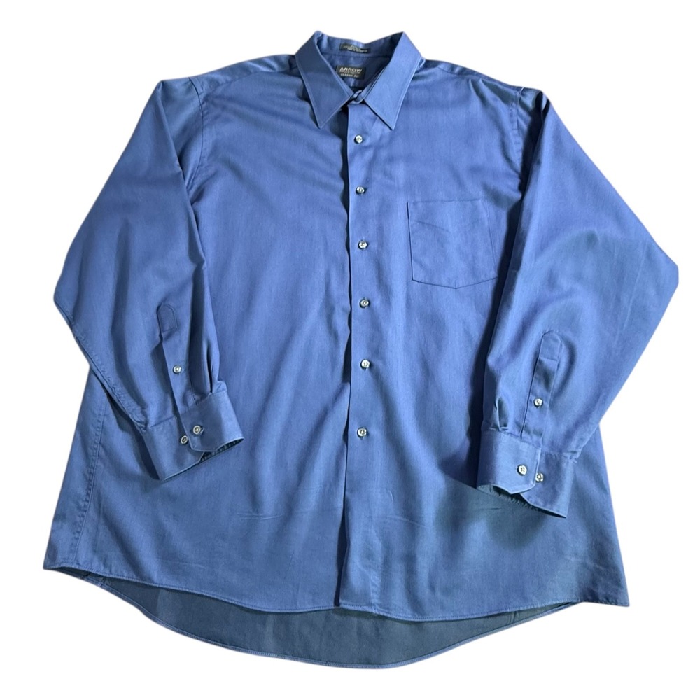 Arrow‎ Dress Shirt Blue Sateen Wrinkle Free Classic Fit 18 34/35 XXL Long Sleeve